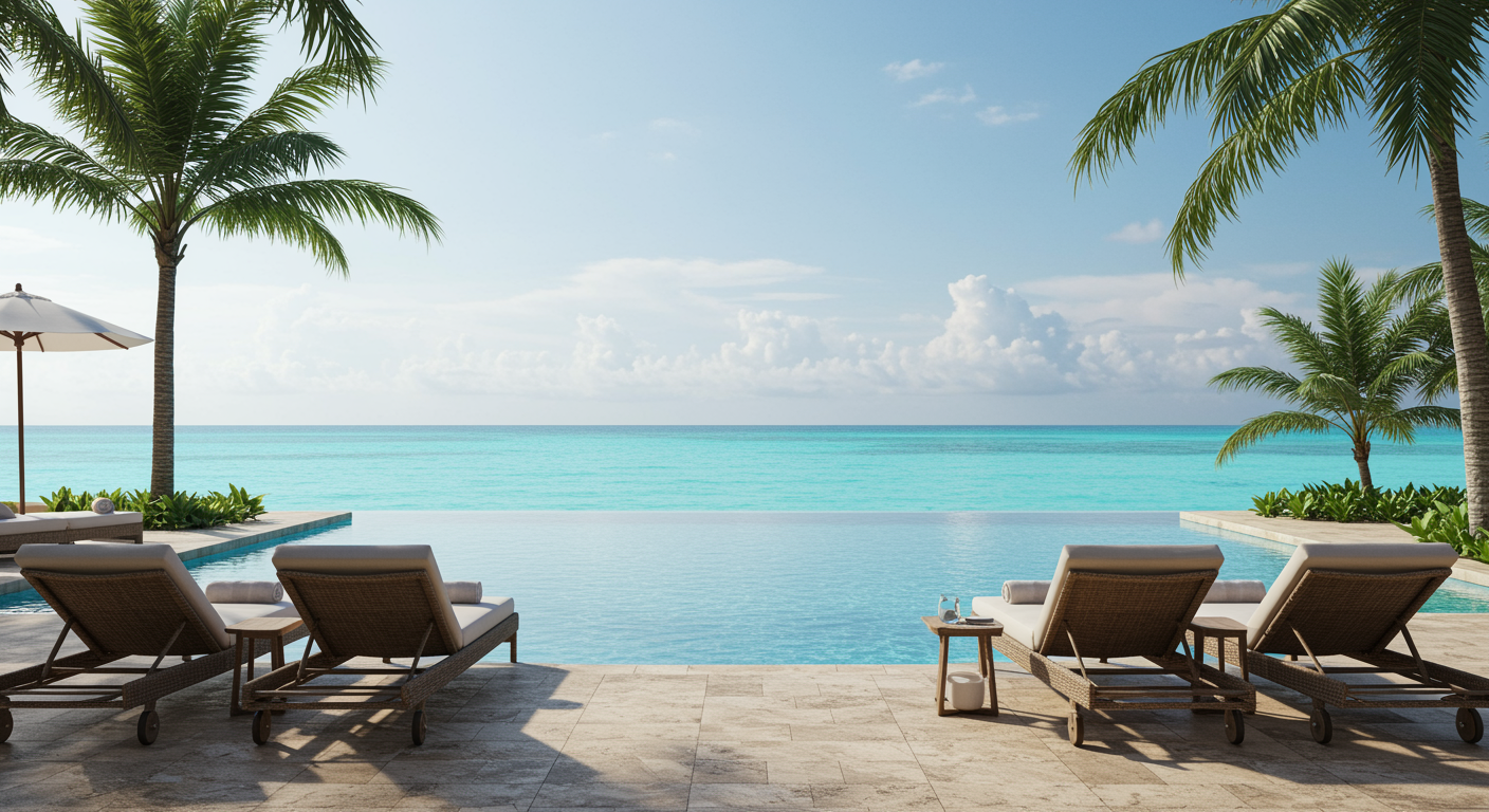 Luxurious beachfront infinity pool with elegant lounge area at a tropical all-inclusive resort, designed for ultimate relaxation and stunning ocean views, no people