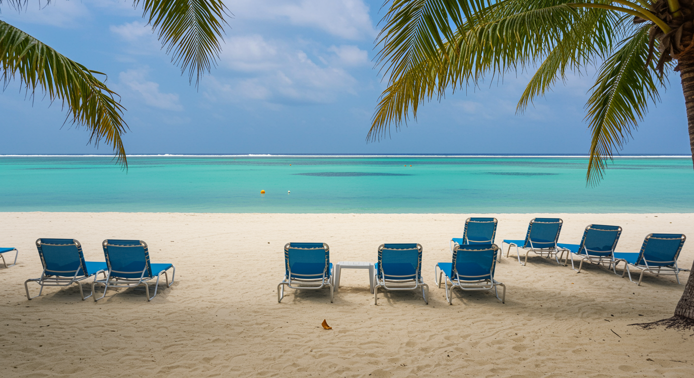 Tropical Caribbean beach with turquoise water, palm trees, and inviting lounge chairs under umbrellas, representing a luxury beach vacation planned by a travel agent