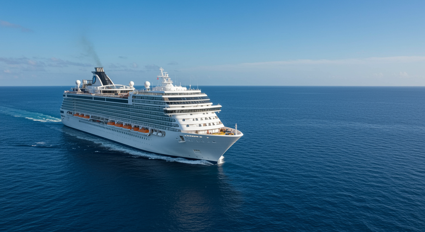 Luxurious ocean cruise ship sailing on calm blue sea with sunlit decks, representing professional cruise planning by a travel agent