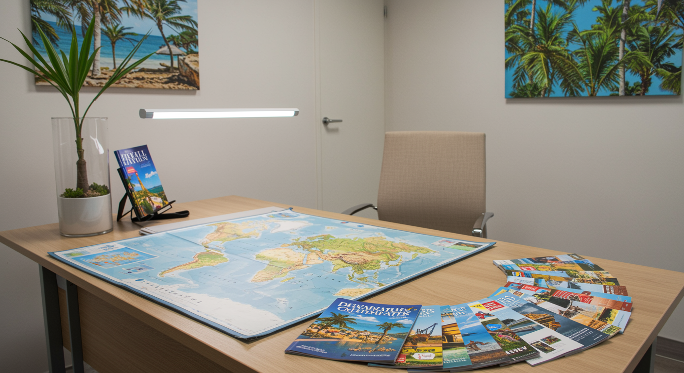 Travel consultant's desk with open world map and destination brochures in a serene, modern office
