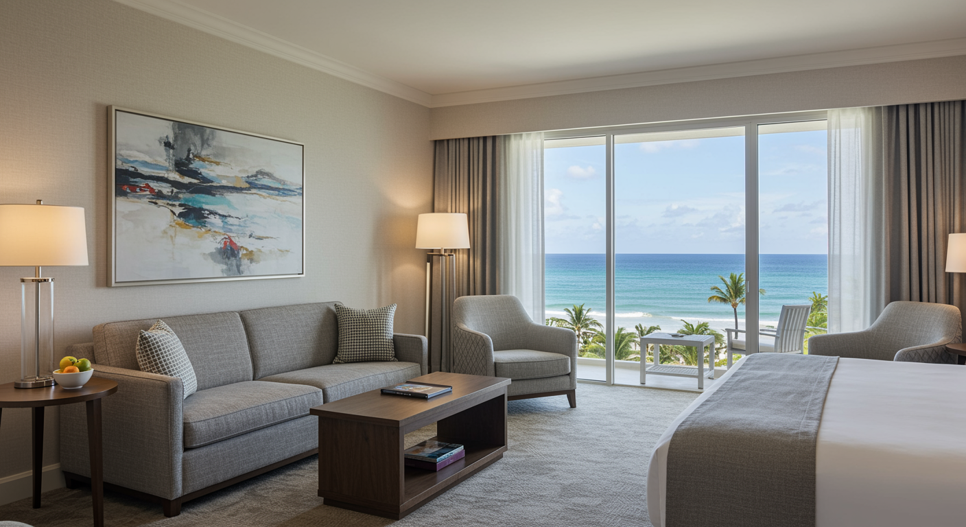 Family resort suite with ocean view, comfortable seating, and soft colors for travel agent family vacation planning