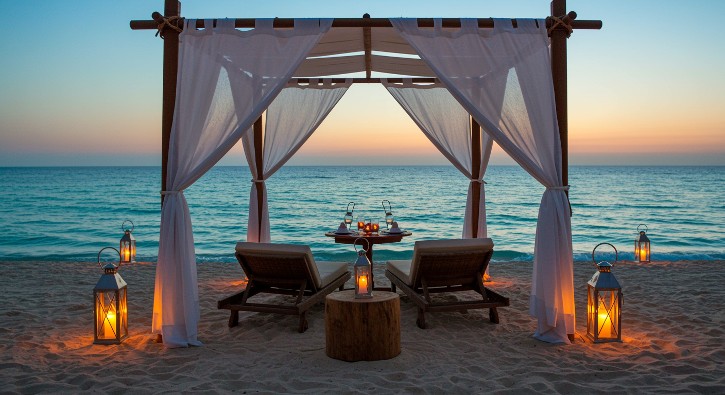 Luxurious romantic beach cabana setup at sunset, perfect for honeymoon travel.