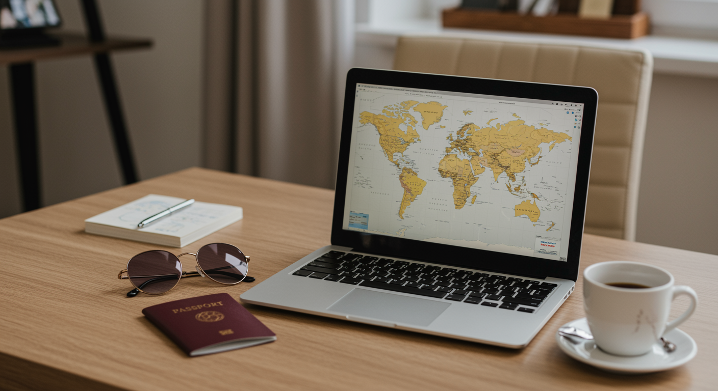 Modern travel agent workspace with open laptop showing world map, passport, and sunglasses, softly lit with warm neutral colors, representing seamless travel logistics and booking